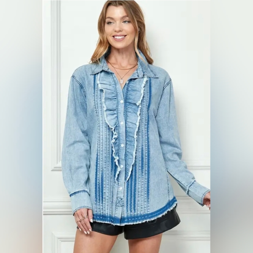 Collection by Cezele Ruffle Chambray Denim Button Front Shirt